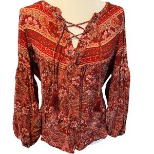 Red Floral Lace-Up Blouse